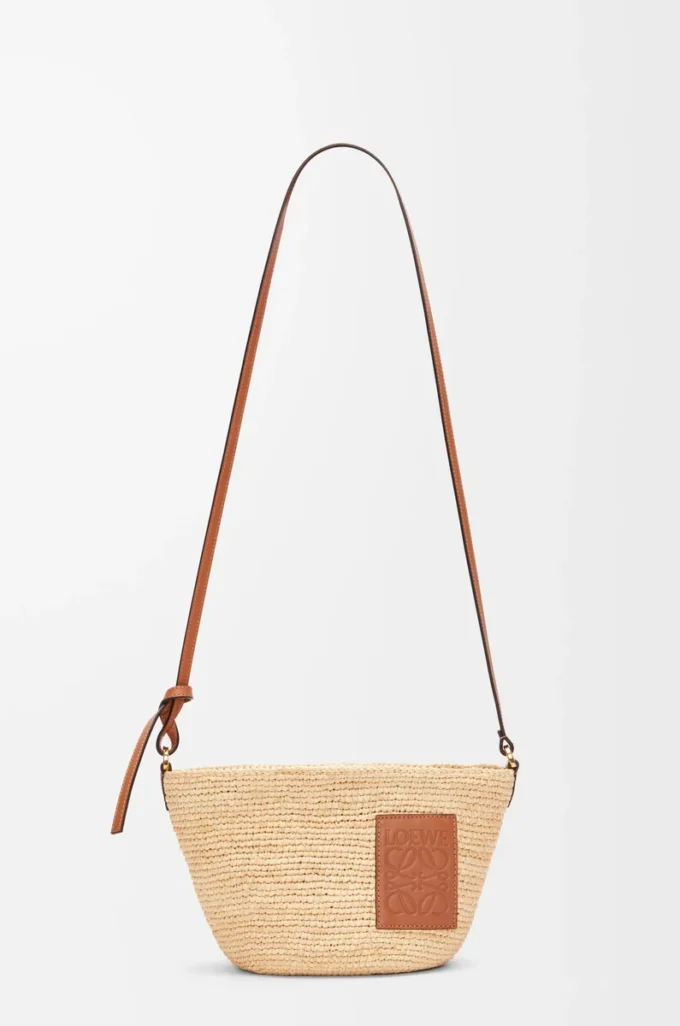 Pochette fendue en raphia et cuir de veau Naturel/Tan