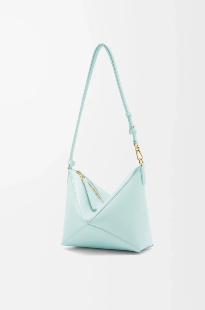 Pochette Puzzle Fold en cuir de veau nappa brillant Blue Iceberg