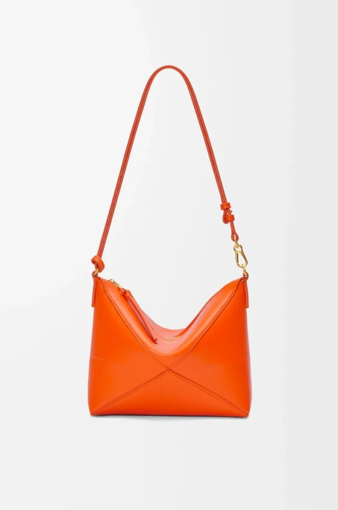 Pochette Puzzle Fold en cuir de veau nappa brillant Vivid Orange