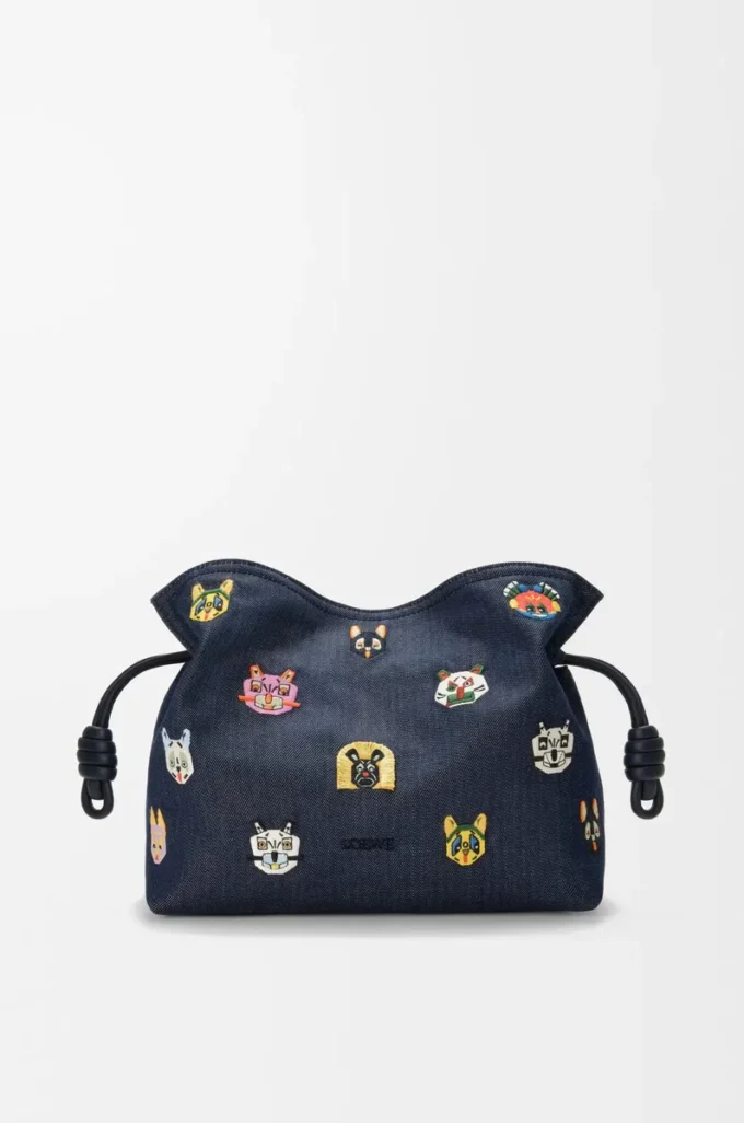 Pochettes Flamenco moyennes Cats en denim brodé Bleu