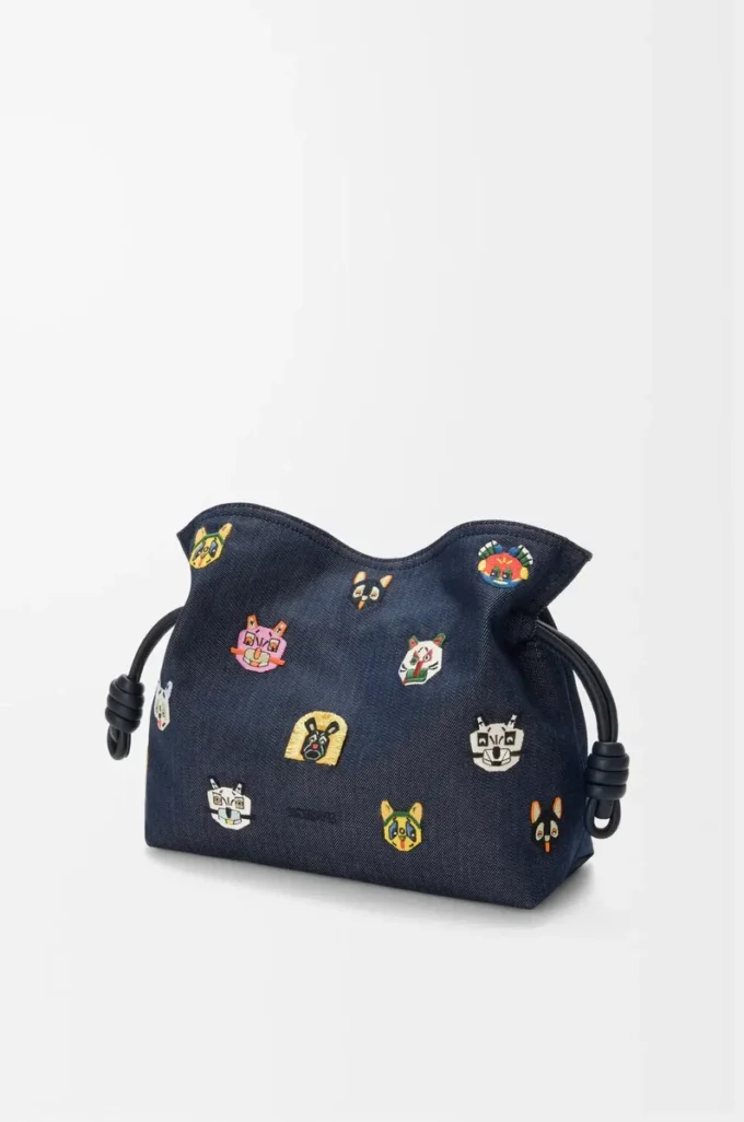 Pochettes Flamenco moyennes Cats en denim brodé Bleu