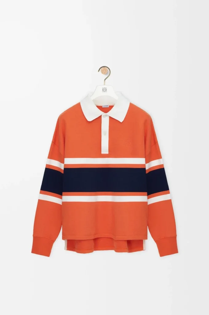 Polo à manches longues en coton Orange/Bleu marine