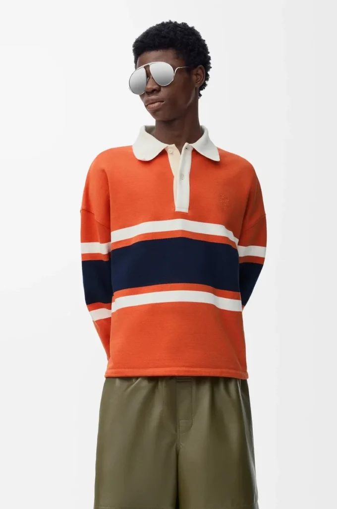 Polo à manches longues en coton Orange/Bleu marine