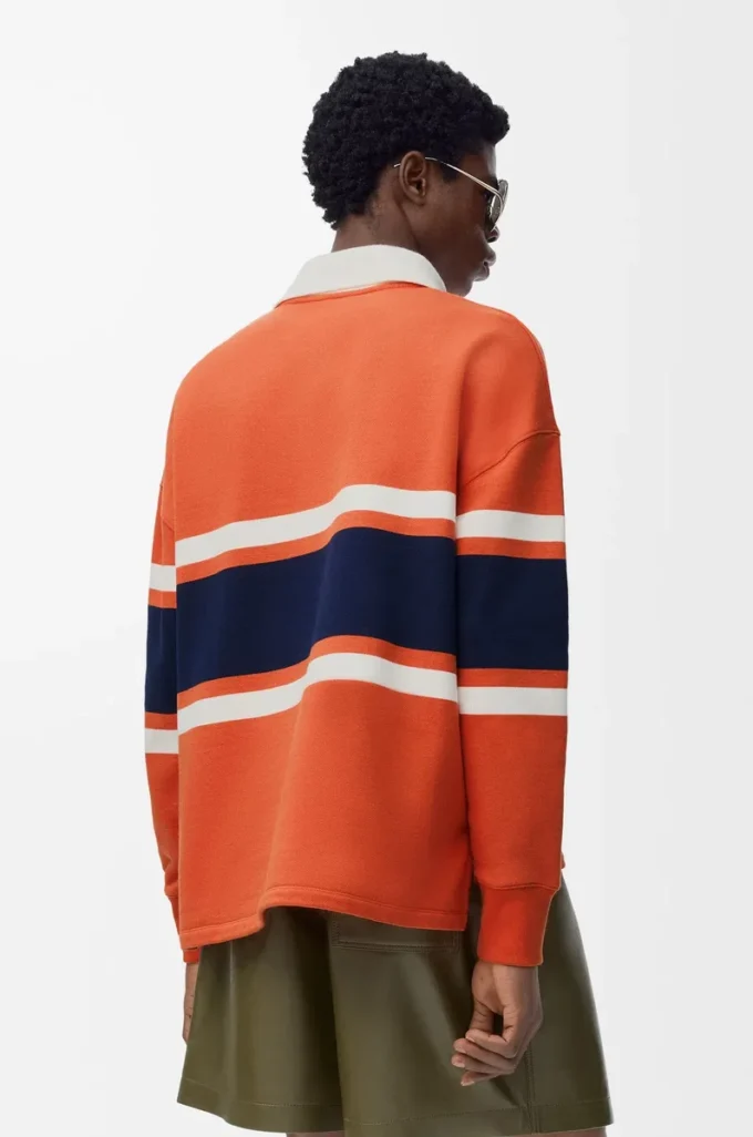 Polo à manches longues en coton Orange/Bleu marine