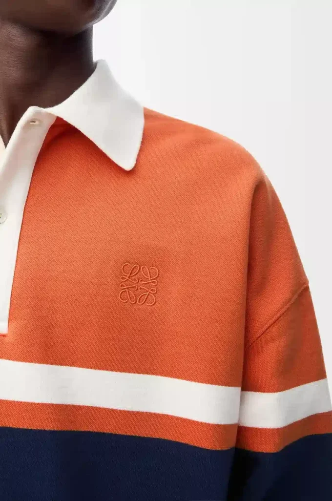 Polo à manches longues en coton Orange/Bleu marine