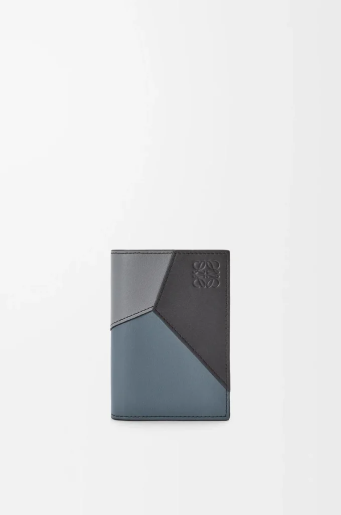 Porte-cartes à deux volets Puzzle en cuir de veau classique gris asphalte/bleu tempête
