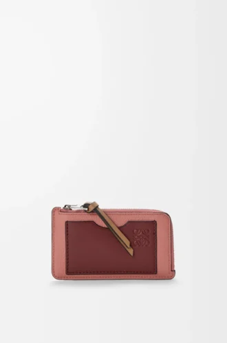 Porte-cartes et monnaie en cuir de veau grainé souple Blush/Mahogany