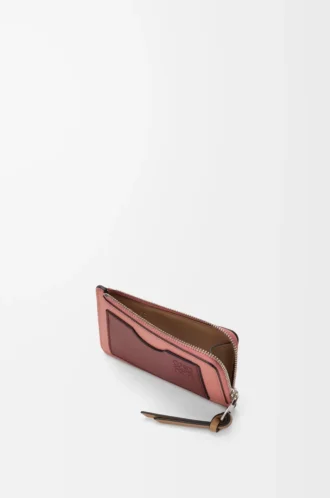 Porte-cartes et monnaie en cuir de veau grainé souple Blush/Mahogany