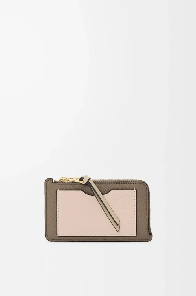 Porte-cartes et monnaie en cuir de veau grainé souple Taupe/Talc Porte-cartes et monnaie en cuir de veau grainé souple Taupe/Talc