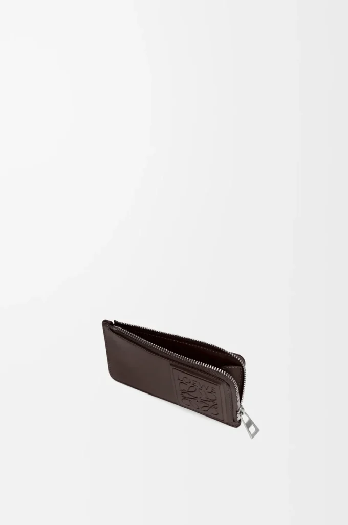 Porte-cartes et monnaie en cuir de veau satiné marron foncé Porte-cartes et monnaie en cuir de veau satiné marron foncé