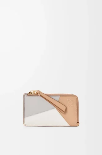 Porte-cartes et monnaie Puzzle en cuir de veau classique Ghost/Silky Beige
