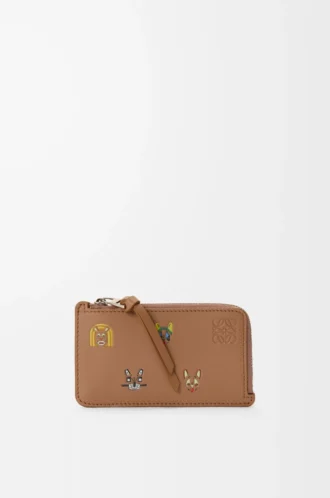 Porte-cartes et porte-monnaie Cats en cuir de veau classique couleur moka