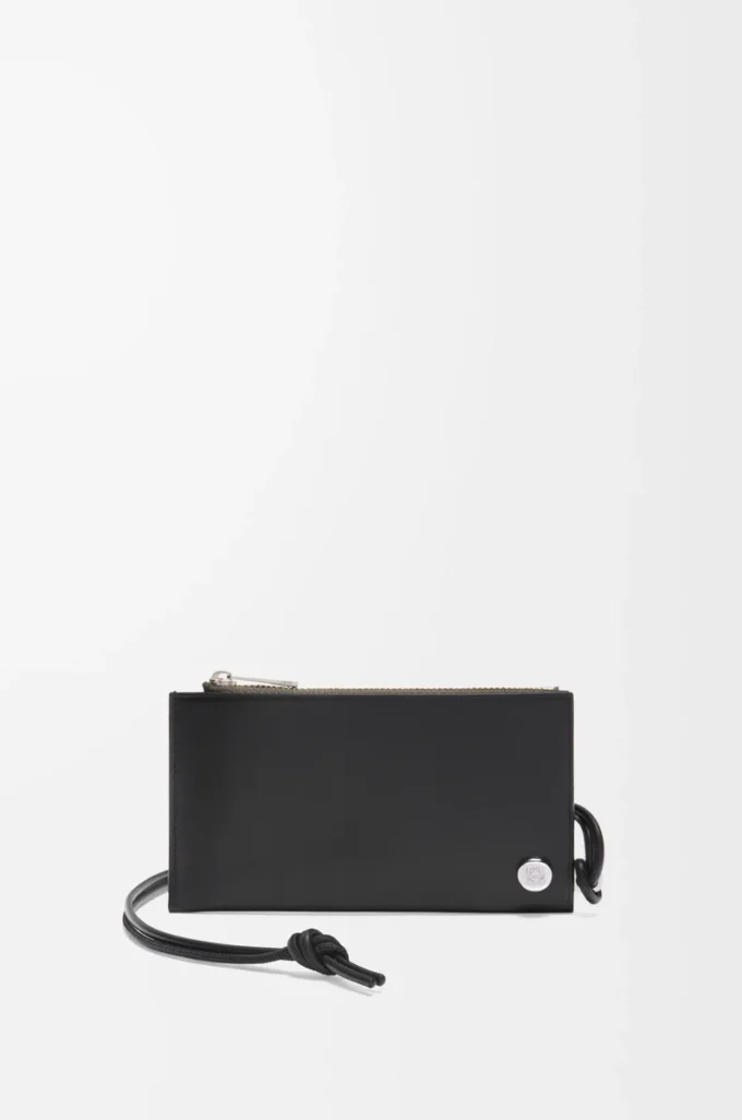 Porte-cartes et porte-monnaie Pebble Slider en cuir de veau nappa brillant noir/kaki foncé