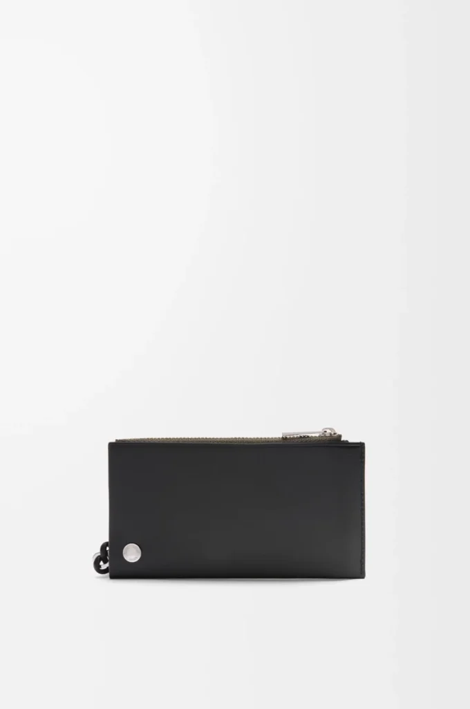 Porte-cartes et porte-monnaie Pebble Slider en cuir de veau nappa brillant noir/kaki foncé