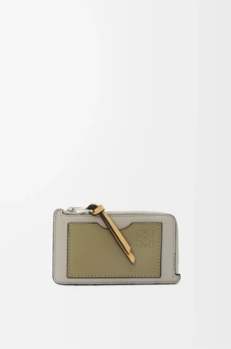 Porte-cartes à monnaie en cuir de veau grainé souple Shell Grey/Eucalyptus