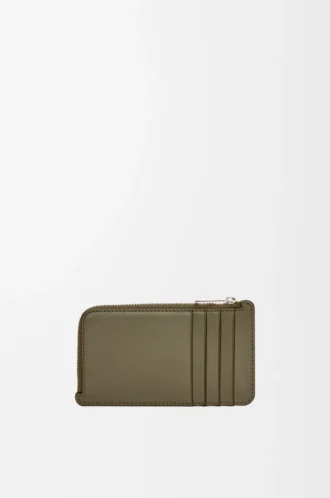 Porte-cartes à monnaie en cuir de veau satiné vert kaki