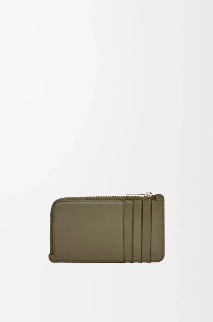 Porte-cartes à monnaie en cuir de veau satiné vert kaki Porte-cartes à monnaie en cuir de veau satiné vert kaki