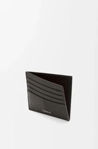 Porte-cartes ouvert en cuir de veau classique texturé gris foncé