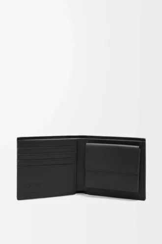 Porte-monnaie à deux volets en cuir de veau classique texturé noir