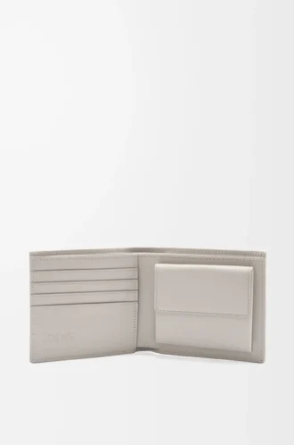 Porte-monnaie à deux volets en cuir de veau classique texturé Shell Grey