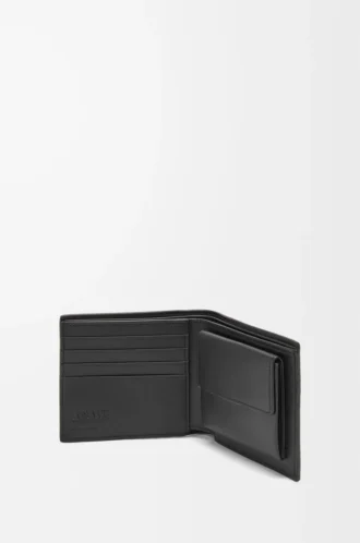 Porte-monnaie à deux volets en cuir de veau grainé souple Noir