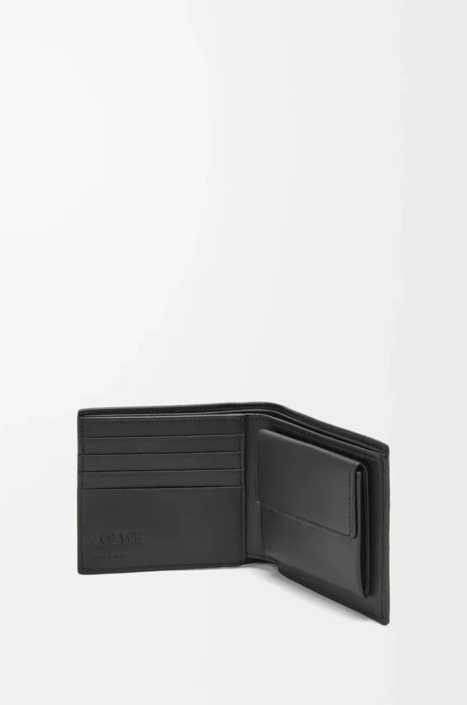 Porte-monnaie à deux volets en cuir de veau grainé souple Noir