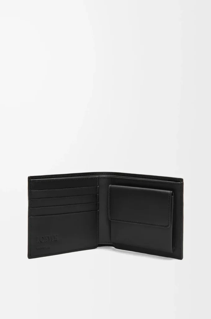 Porte-monnaie à deux volets en cuir de veau satiné noir Porte-monnaie à deux volets en cuir de veau satiné noir