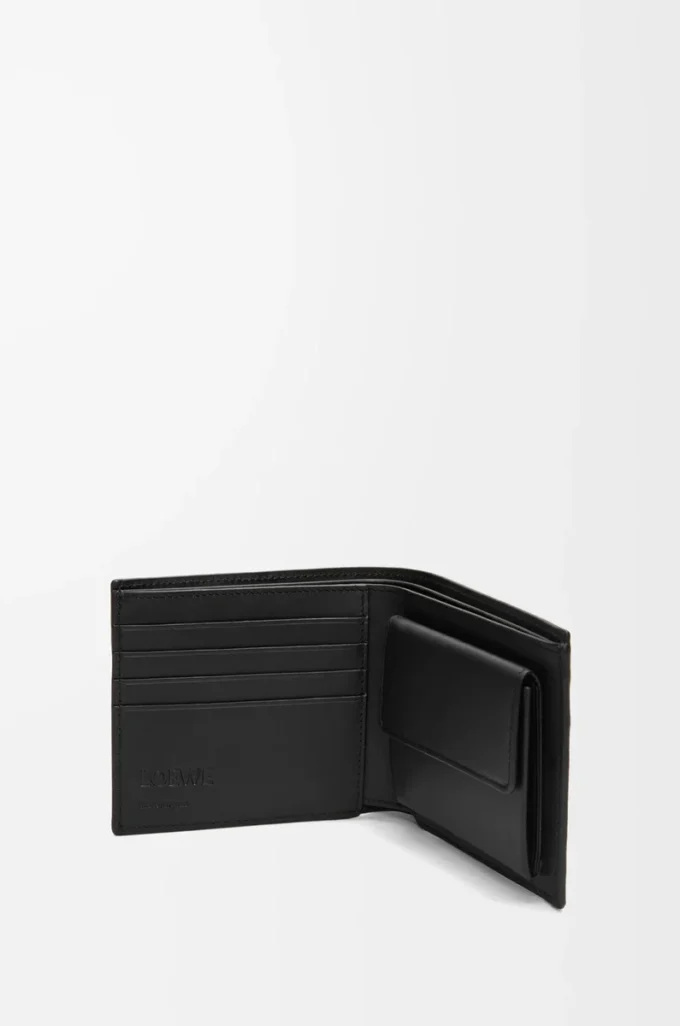 Porte-monnaie à deux volets en cuir de veau satiné noir Porte-monnaie à deux volets en cuir de veau satiné noir