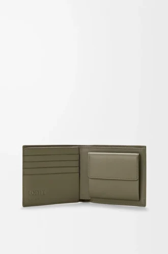 Porte-monnaie à deux volets en cuir de veau satiné vert kaki