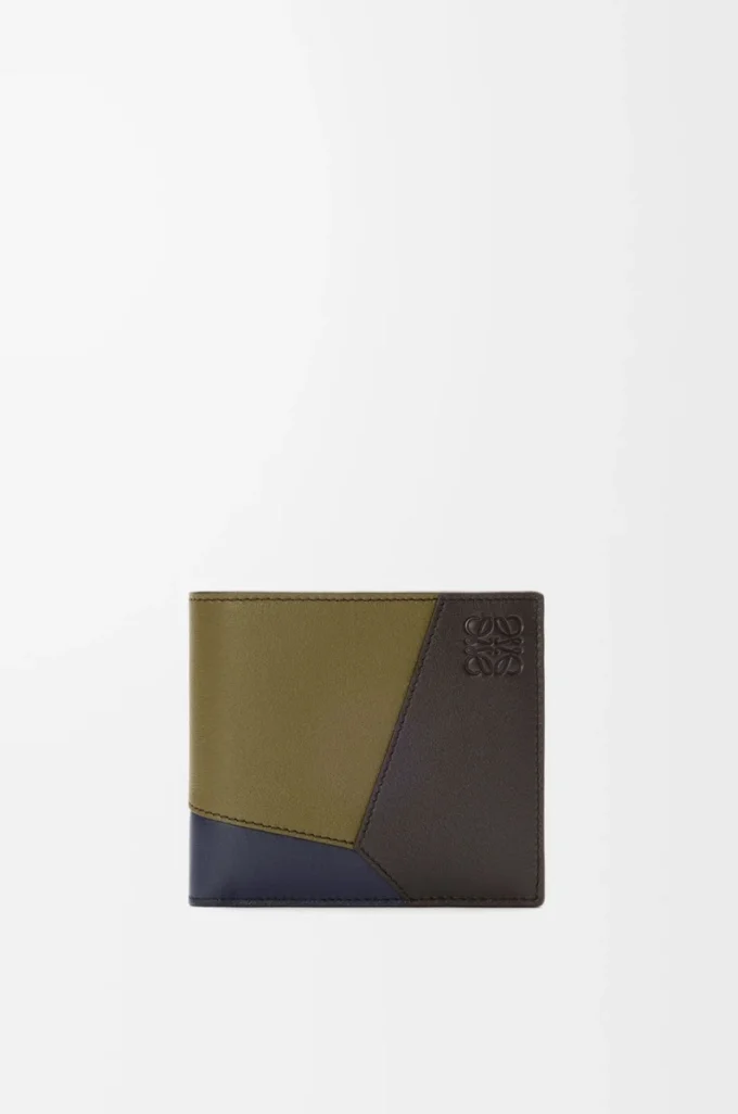 Porte-monnaie à deux volets Puzzle en cuir de veau classique Olive/Marron foncé Porte-monnaie à deux volets Puzzle en cuir de veau classique Olive/Marron foncé