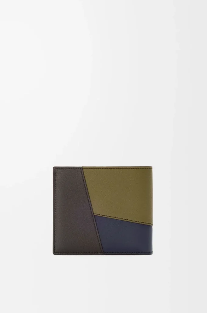 Porte-monnaie à deux volets Puzzle en cuir de veau classique Olive/Marron foncé Porte-monnaie à deux volets Puzzle en cuir de veau classique Olive/Marron foncé