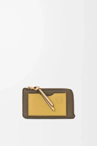 Porte-monnaie en cuir de veau grainé souple vert kaki foncé/gingembre