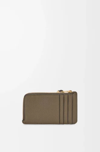 Porte-monnaie en cuir de veau grainé souple vert kaki foncé/gingembre