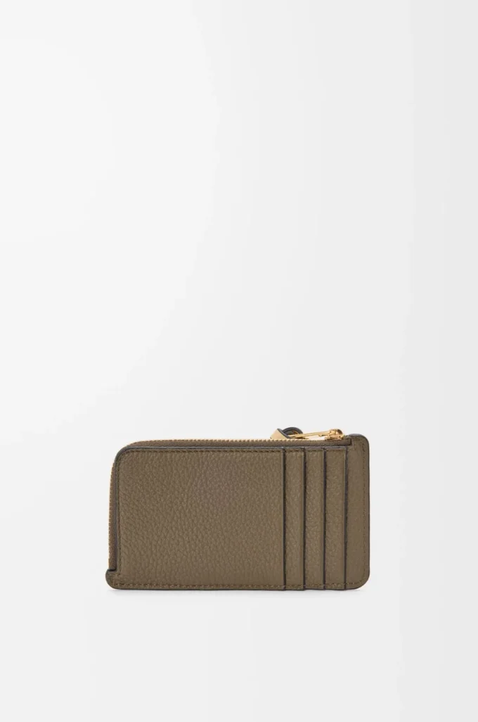 Porte-monnaie en cuir de veau grainé souple vert kaki foncé/gingembre