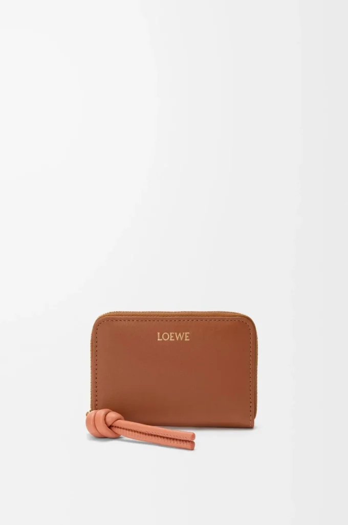 Porte-monnaie zippé en cuir de veau nappa brillant Tan/Papaya Porte-monnaie zippé en cuir de veau nappa brillant Tan/Papaya
