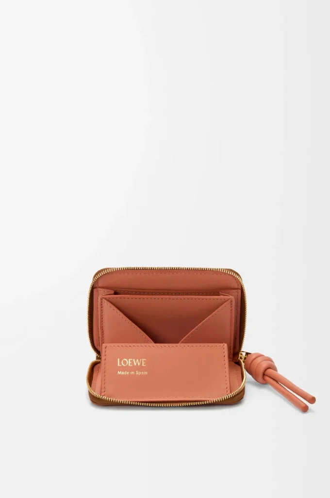 Porte-monnaie zippé en cuir de veau nappa brillant Tan/Papaya Porte-monnaie zippé en cuir de veau nappa brillant Tan/Papaya