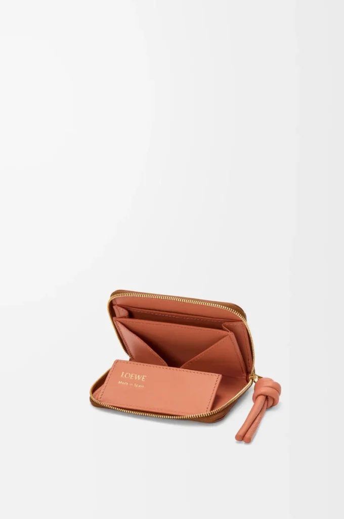 Porte-monnaie zippé en cuir de veau nappa brillant Tan/Papaya Porte-monnaie zippé en cuir de veau nappa brillant Tan/Papaya
