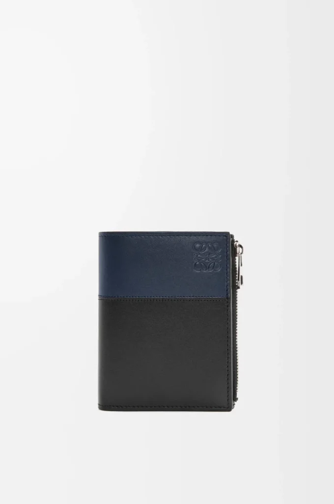 Portefeuille compact et fin en cuir de veau brillant    Noir/Bleu marine foncé