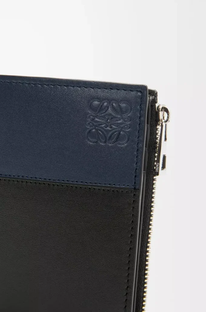 Portefeuille compact et fin en cuir de veau brillant    Noir/Bleu marine foncé