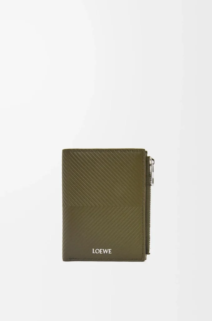 Portefeuille compact et fin en cuir de veau classique texturé Dark Khaki