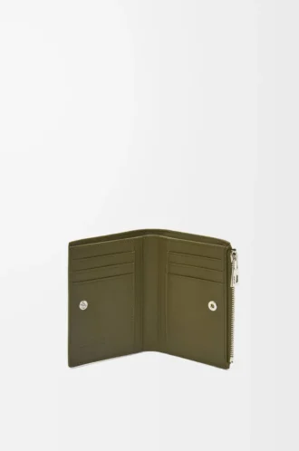 Portefeuille compact et fin en cuir de veau classique texturé Dark Khaki