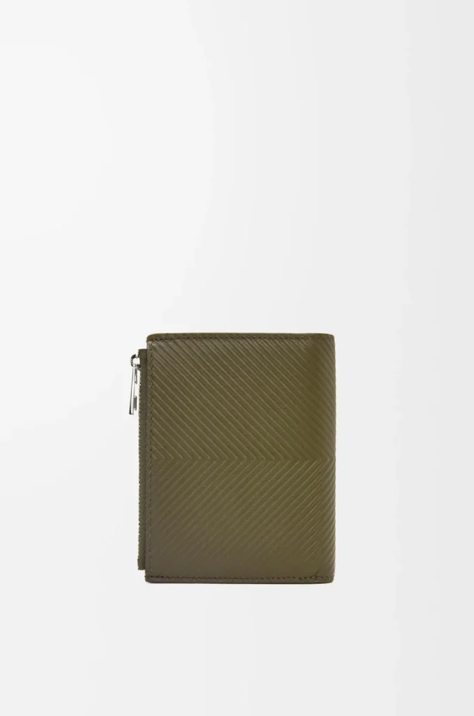 Portefeuille compact et fin en cuir de veau classique texturé Dark Khaki