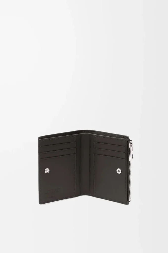Portefeuille compact et fin en cuir de veau classique texturé Gris foncé
