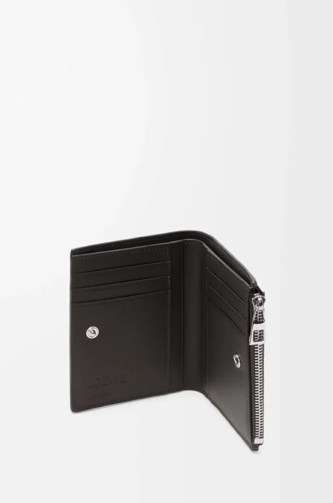 Portefeuille compact et fin en cuir de veau classique texturé Gris foncé