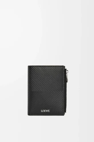 Portefeuille compact et fin en cuir de veau classique texturé noir