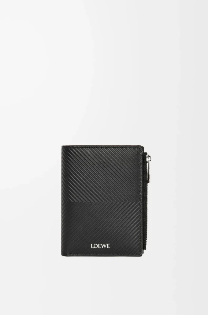 Portefeuille compact et fin en cuir de veau classique texturé noir