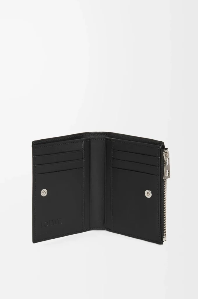 Portefeuille compact et fin en cuir de veau classique texturé noir