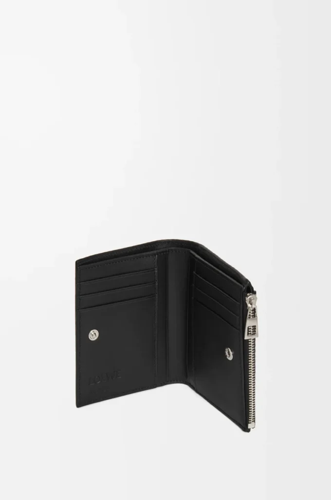 Portefeuille compact et fin en cuir de veau classique texturé noir