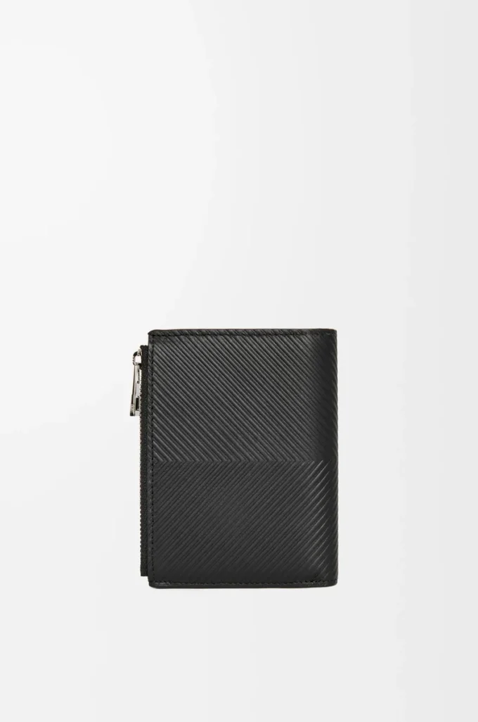 Portefeuille compact et fin en cuir de veau classique texturé noir