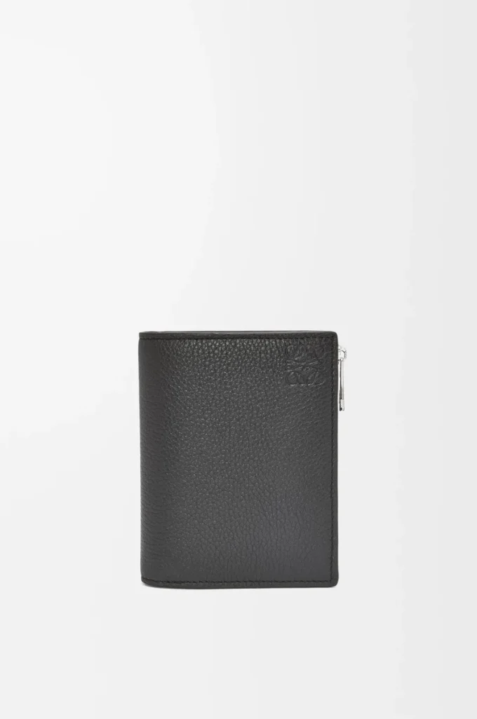 Portefeuille compact et fin en cuir de veau grainé souple, noir